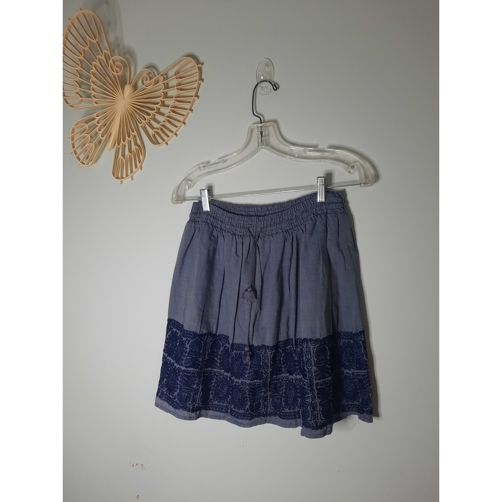 J.Crew Blue Chambray Embroidered Mini Skirt Smocked Waist Tassel Cotton Small